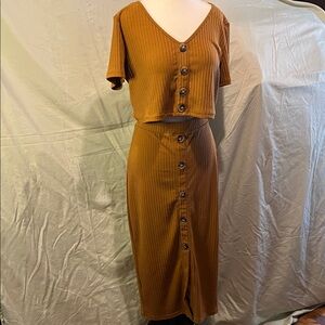 SHEIN Button-Front Ribbed Skirt Set in Brown